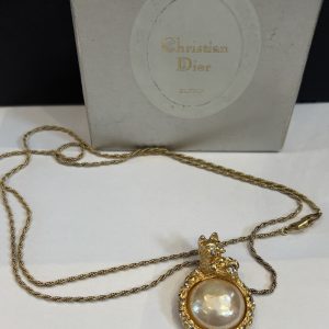 christian dior vintage long chain necklace pearl & panther gold pendant c.1980s