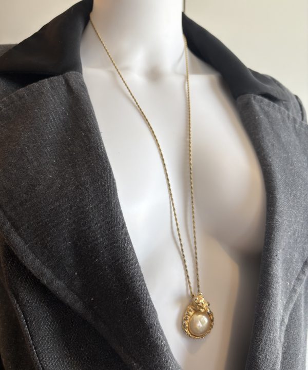 christian dior vintage long chain necklace pearl & panther gold pendant c.1980s