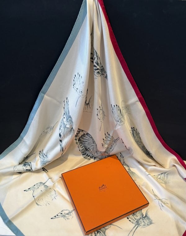hermÈs silk scarf "les huppes" hoopoes multi grey by xavier de poret 1958 w/box