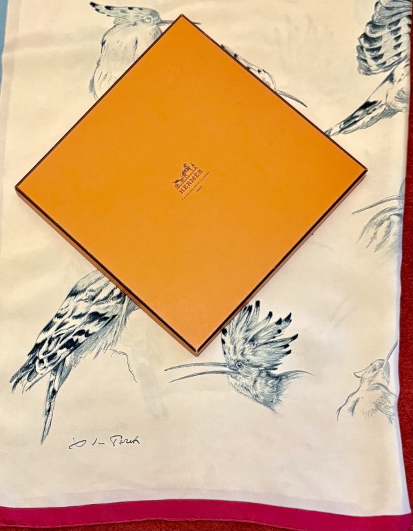 hermÈs silk scarf "les huppes" hoopoes multi grey by xavier de poret 1958 w/box