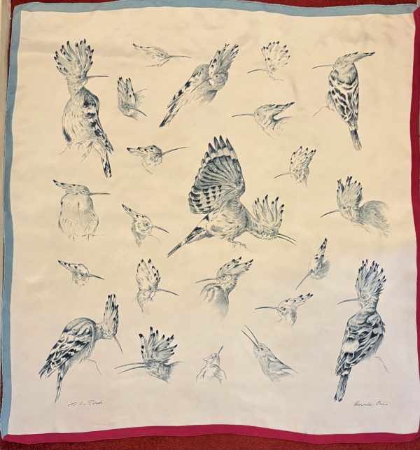 hermÈs silk scarf "les huppes" hoopoes multi grey by xavier de poret 1958 w/box