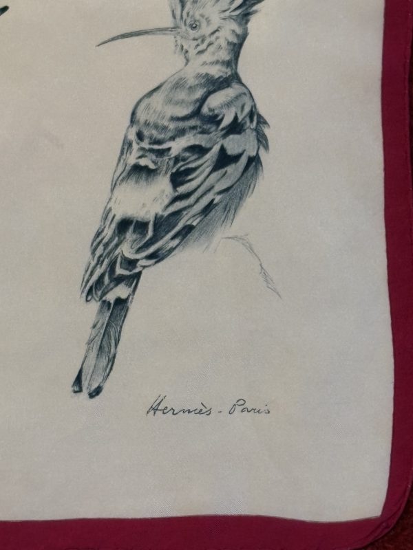 hermÈs silk scarf "les huppes" hoopoes multi grey by xavier de poret 1958 w/box