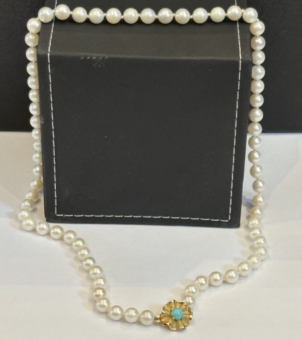 vintage cultured pearls necklace with flower blue cabochon 18k gold clasp