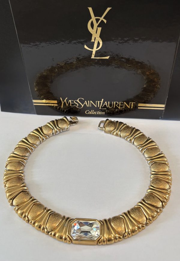 yves saint laurent haute couture by caillol gold plated textured emerald crystal necklace 1980s