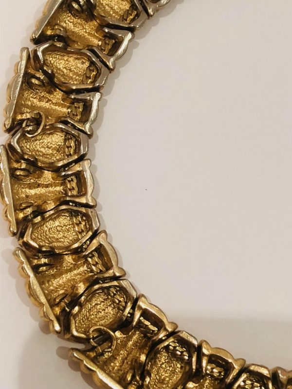 yves saint laurent haute couture by caillol gold plated textured emerald crystal necklace 1980s