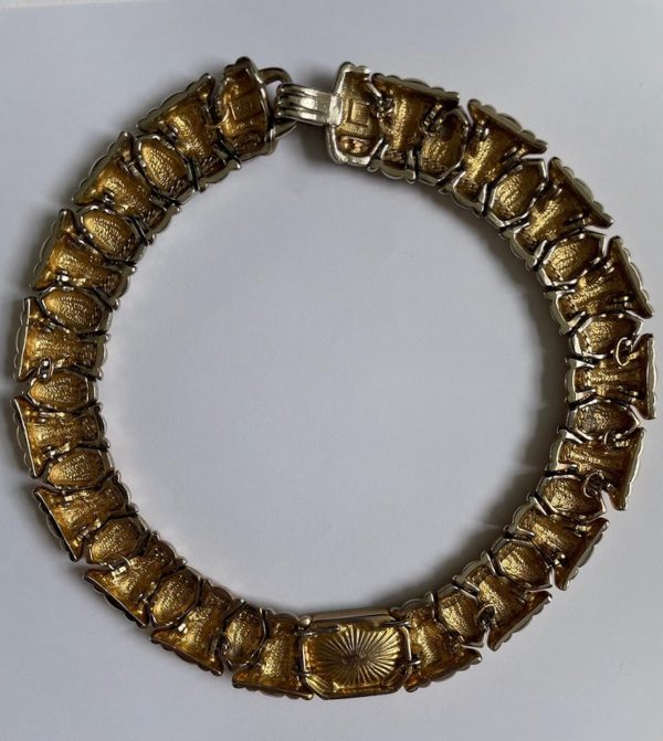 yves saint laurent haute couture by caillol gold plated textured emerald crystal necklace 1980s