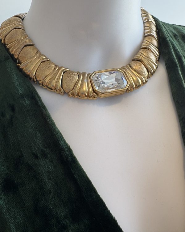 yves saint laurent haute couture by caillol gold plated textured emerald crystal necklace 1980s
