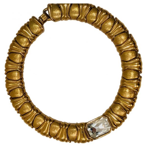 yves saint laurent haute couture by caillol gold plated textured emerald crystal necklace 1980s