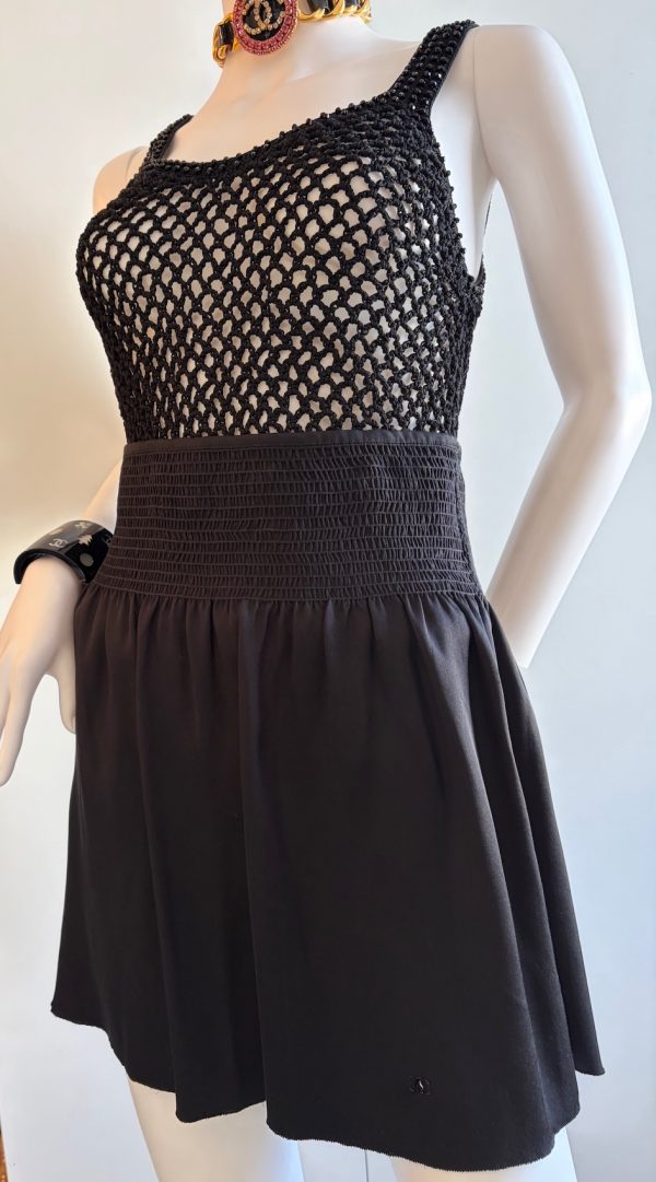 chanel black cc logo knitted silk tank top with glass beads 2002