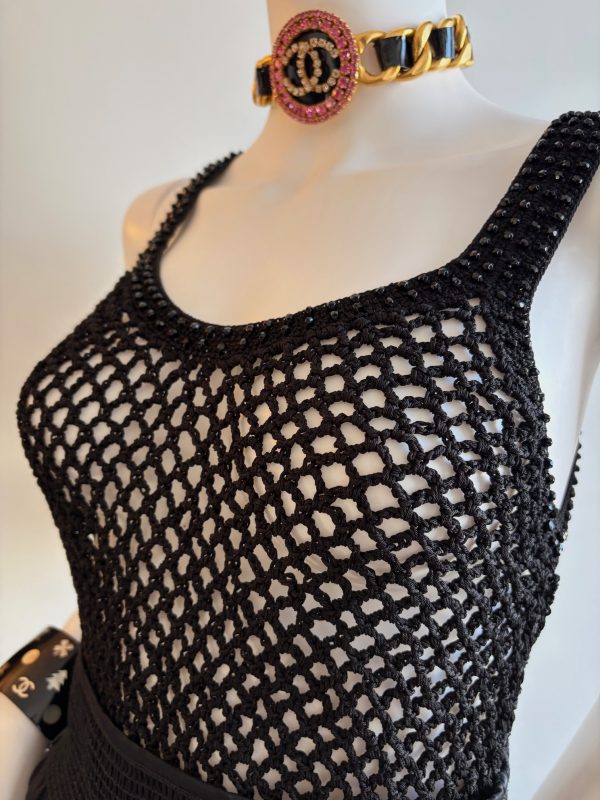 chanel black cc logo knitted silk tank top with glass beads 2002