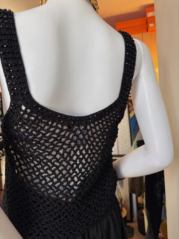 chanel black cc logo knitted silk tank top with glass beads 2002
