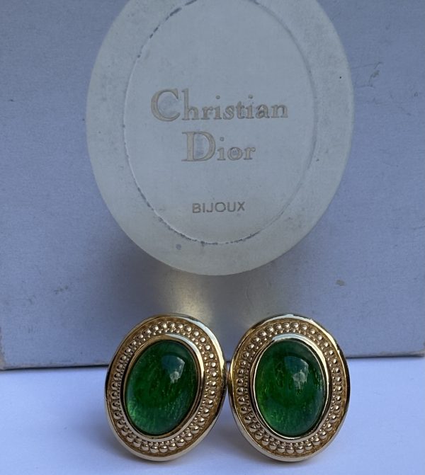 christian dior vintage emerald gripoix poured glass & gold oval earrings 1980s