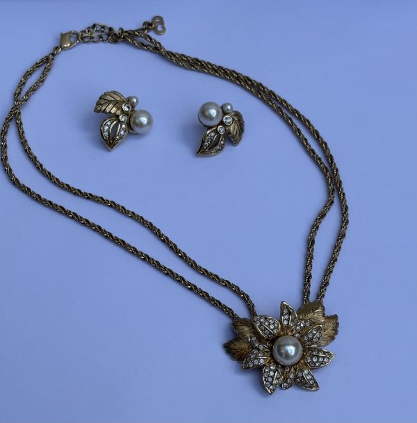 christian dior vintage floral leaf pearl crystals pendant strand necklace & earrings set 1980s