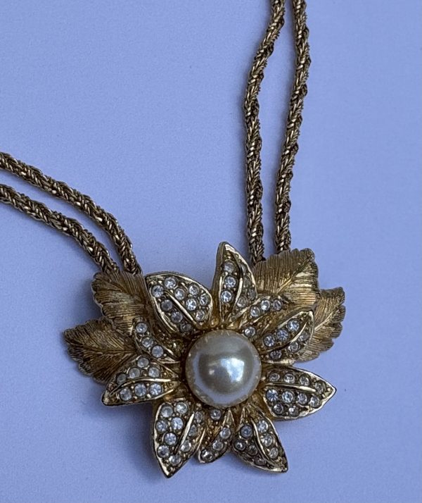 christian dior vintage floral leaf pearl crystals pendant strand necklace & earrings set 1980s