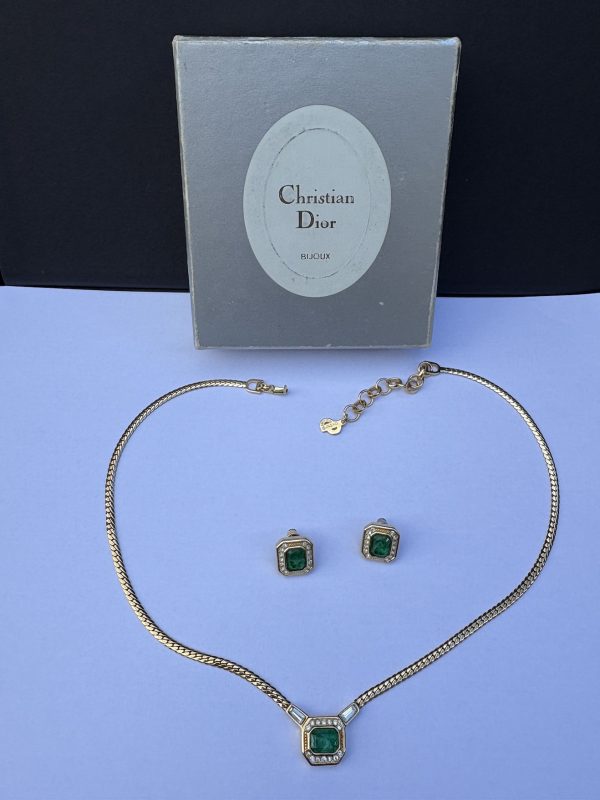 christian dior vintage gripoix emerald diamante necklace and earrings set 1980s
