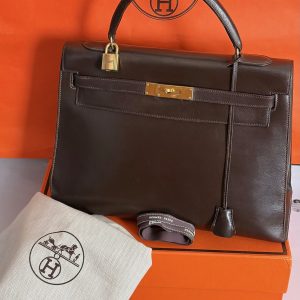 hermÈs 1951 iconic kelly 32 box leather retourné choc brown vintage ghw 24k