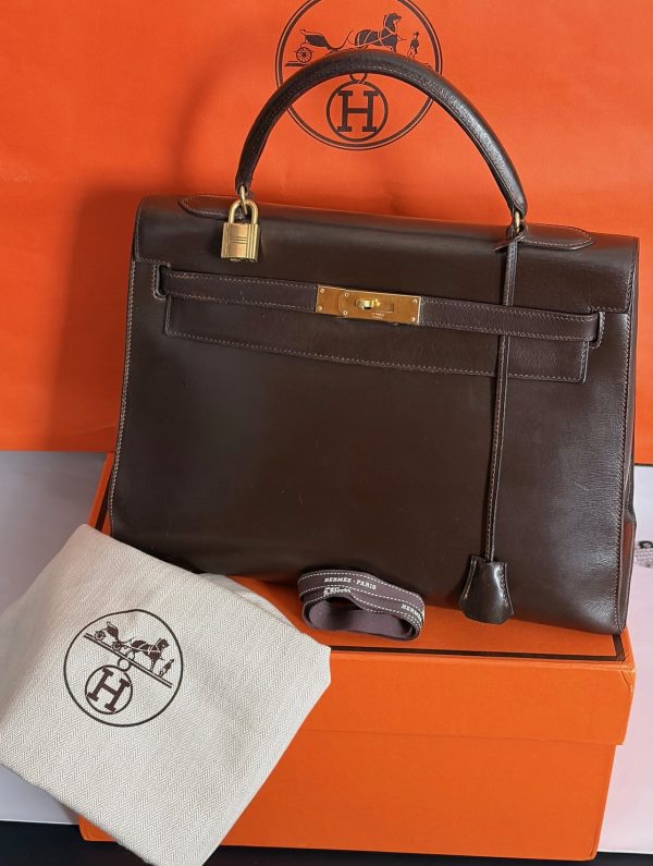 hermÈs 1951 iconic kelly 32 box leather retourné choc brown vintage ghw 24k