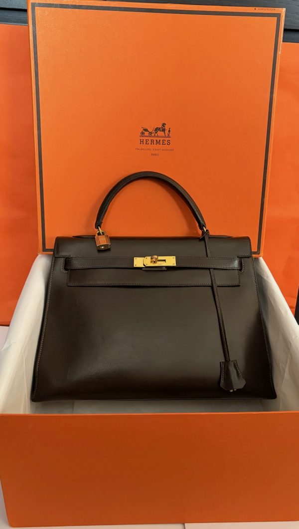 hermÈs 1951 iconic kelly 32 box leather retourné choc brown vintage ghw 24k
