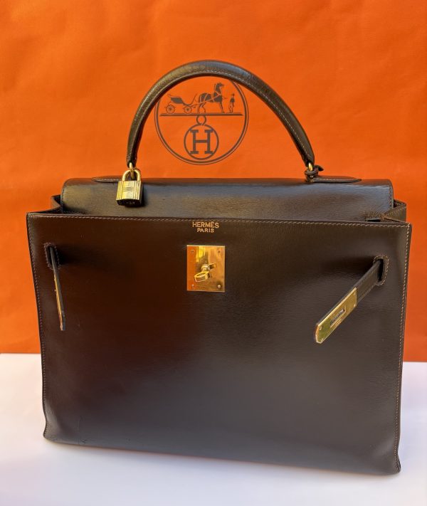 hermÈs 1951 iconic kelly 32 box leather retourné choc brown vintage ghw 24k