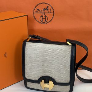 hermÈs chantilly h canvas box calfskin navy shoulder bag 1970 w/box