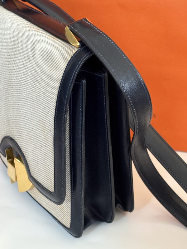 hermÈs chantilly h canvas box calfskin navy shoulder bag 1970 w/box