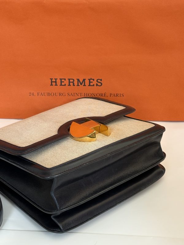 hermÈs chantilly h canvas box calfskin navy shoulder bag 1970 w/box