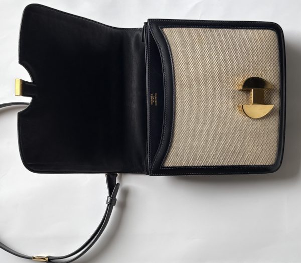 hermÈs chantilly h canvas box calfskin navy shoulder bag 1970 w/box