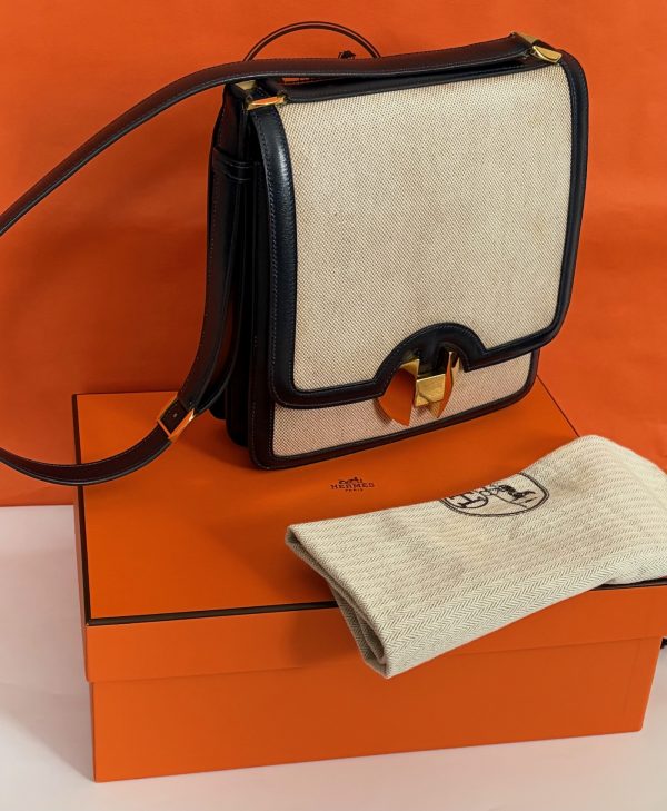 hermÈs chantilly h canvas box calfskin navy shoulder bag 1970 w/box