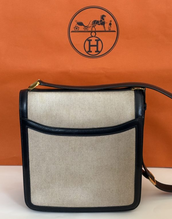 hermÈs chantilly h canvas box calfskin navy shoulder bag 1970 w/box