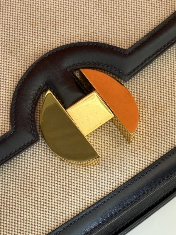 hermÈs chantilly h canvas box calfskin navy shoulder bag 1970 w/box