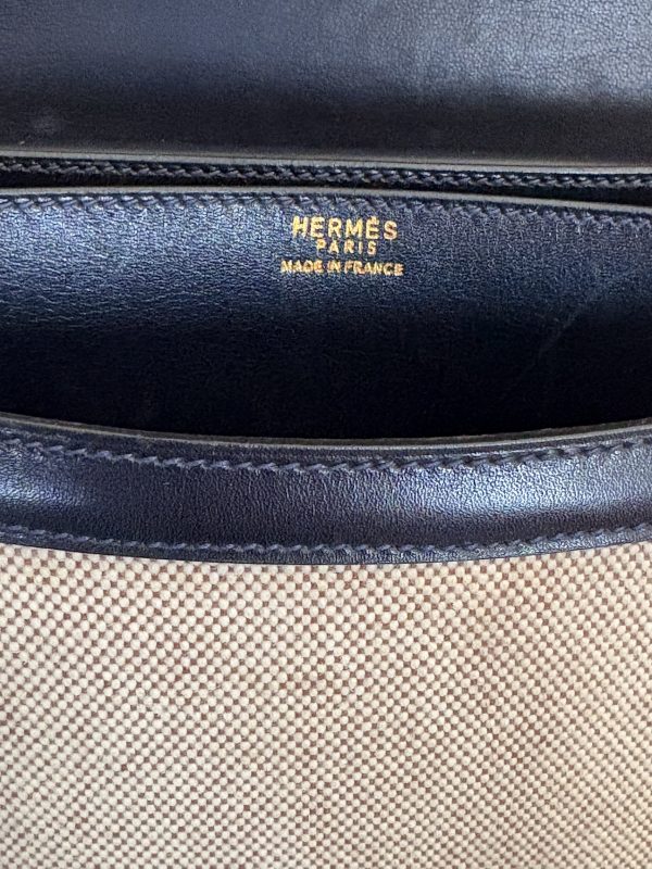hermÈs chantilly h canvas box calfskin navy shoulder bag 1970 w/box
