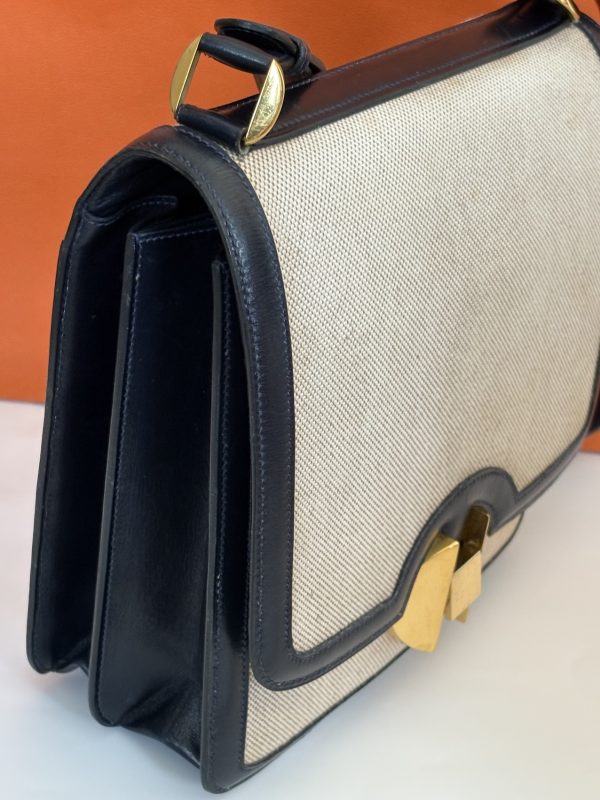 hermÈs chantilly h canvas box calfskin navy shoulder bag 1970 w/box