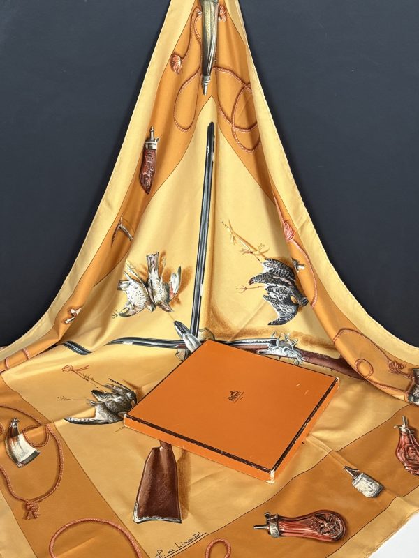 hermÈs silk scarf fusils (les) mustard multi by henri de linarès 1961 w/box