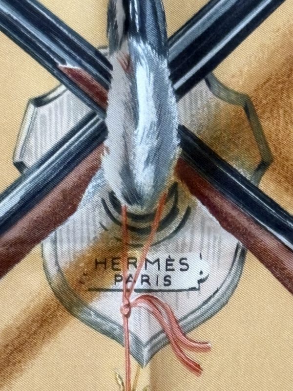 hermÈs silk scarf fusils (les) mustard multi by henri de linarès 1961 w/box