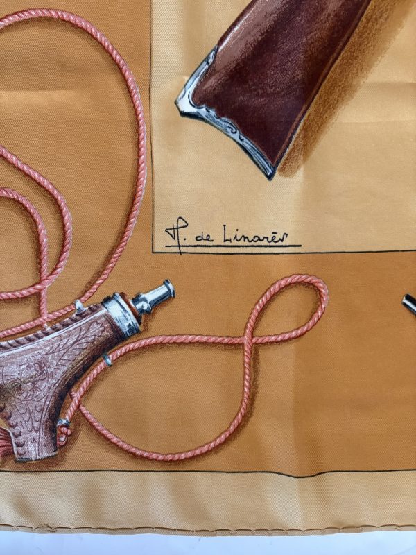 hermÈs silk scarf fusils (les) mustard multi by henri de linarès 1961 w/box