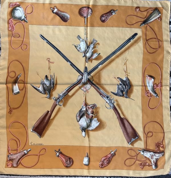hermÈs silk scarf fusils (les) mustard multi by henri de linarès 1961 w/box
