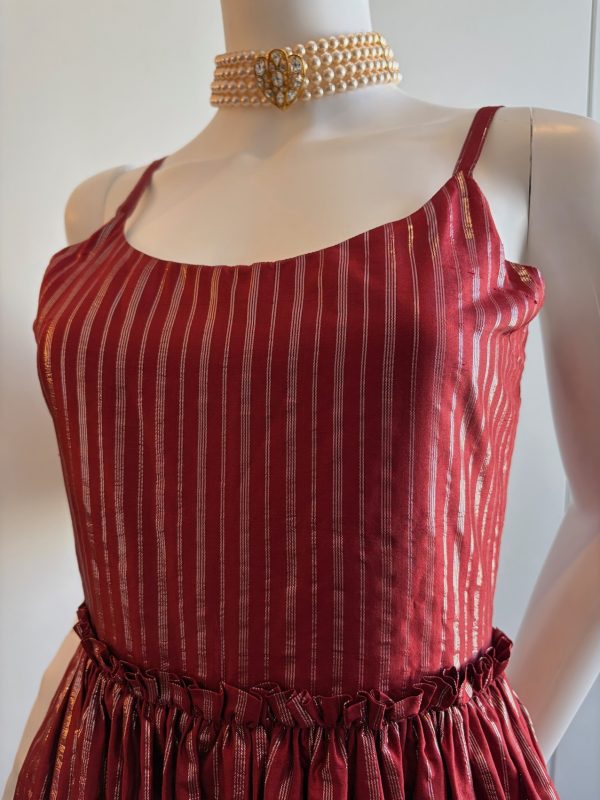 lanvin haute couture 10498 long red & black ruffled dress with metallic stripes c.1970s