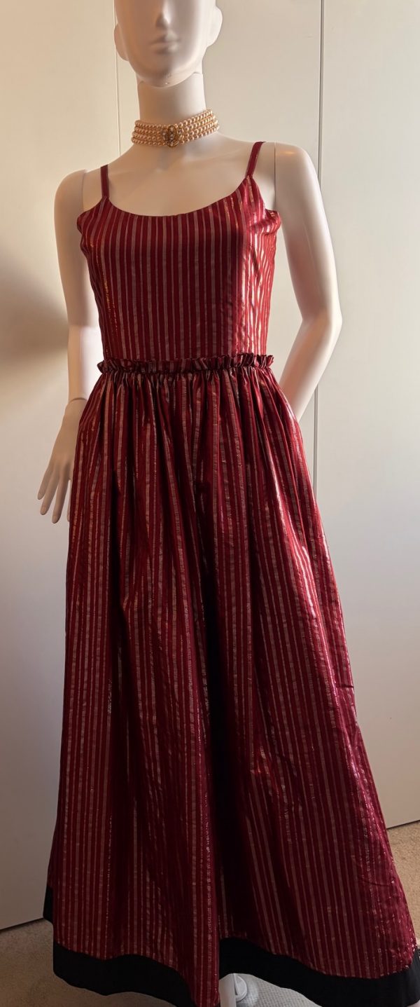 lanvin haute couture 10498 long red & black ruffled dress with metallic stripes c.1970s