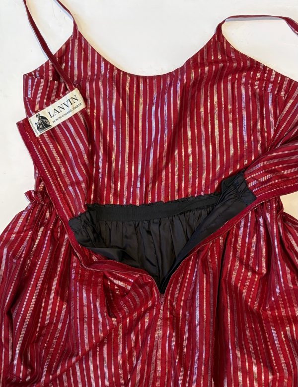 lanvin haute couture 10498 long red & black ruffled dress with metallic stripes c.1970s
