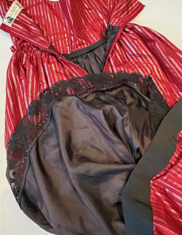 lanvin haute couture 10498 long red & black ruffled dress with metallic stripes c.1970s