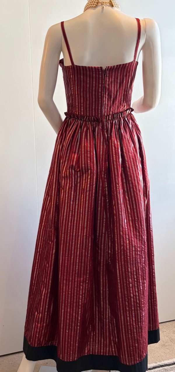 lanvin haute couture 10498 long red & black ruffled dress with metallic stripes c.1970s