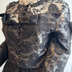 lanvin vintage 2 pieces suit long black lace skirt and fitted buttoned top c.1970 1980