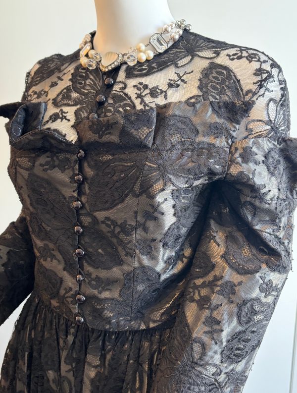 lanvin vintage 2 pieces suit long black lace skirt and fitted buttoned top c.1970 1980