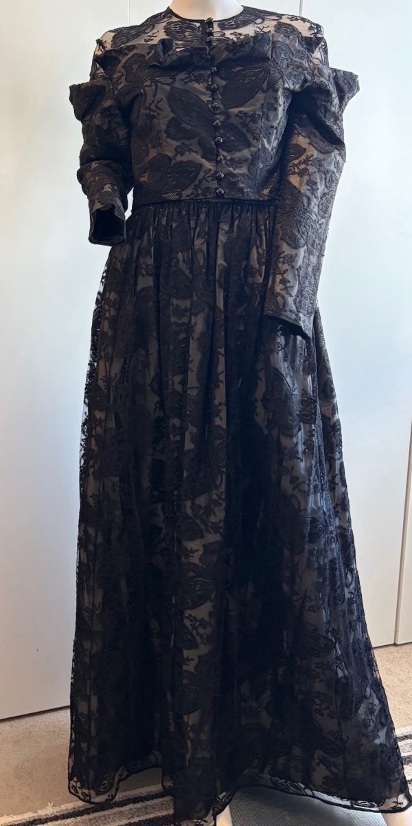 lanvin vintage 2 pieces suit long black lace skirt and fitted buttoned top c.1970 1980