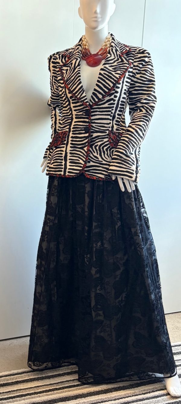lanvin vintage 2 pieces suit long black lace skirt and fitted buttoned top c.1970 1980