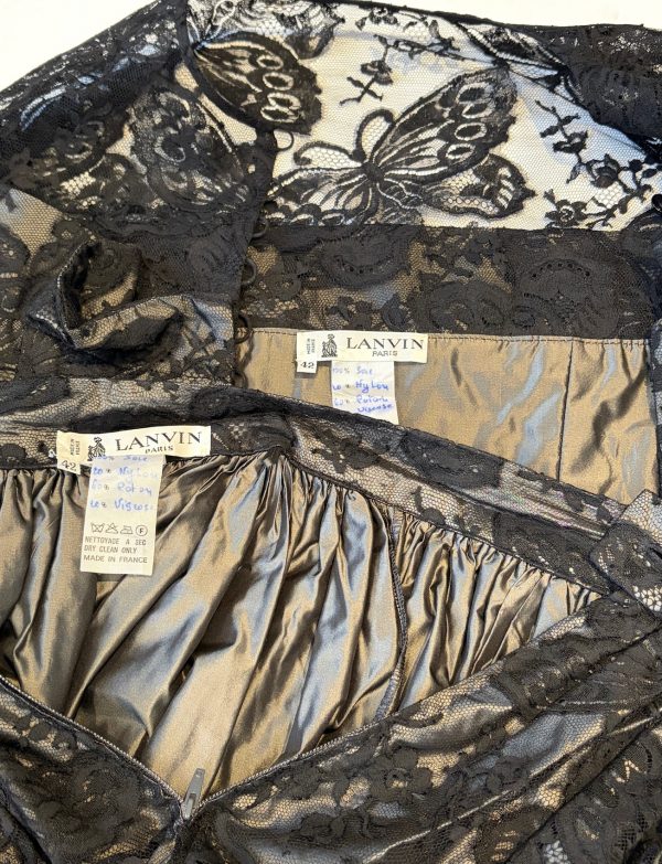lanvin vintage 2 pieces suit long black lace skirt and fitted buttoned top c.1970 1980