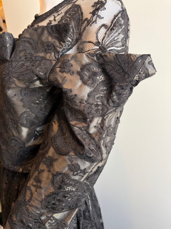 lanvin vintage 2 pieces suit long black lace skirt and fitted buttoned top c.1970 1980