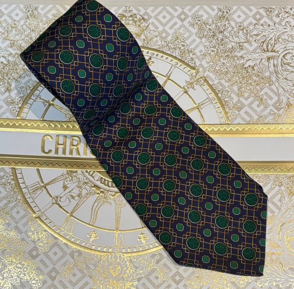 christian dior vintage abstract silk dior tie navy racing green and gold c.1980s
