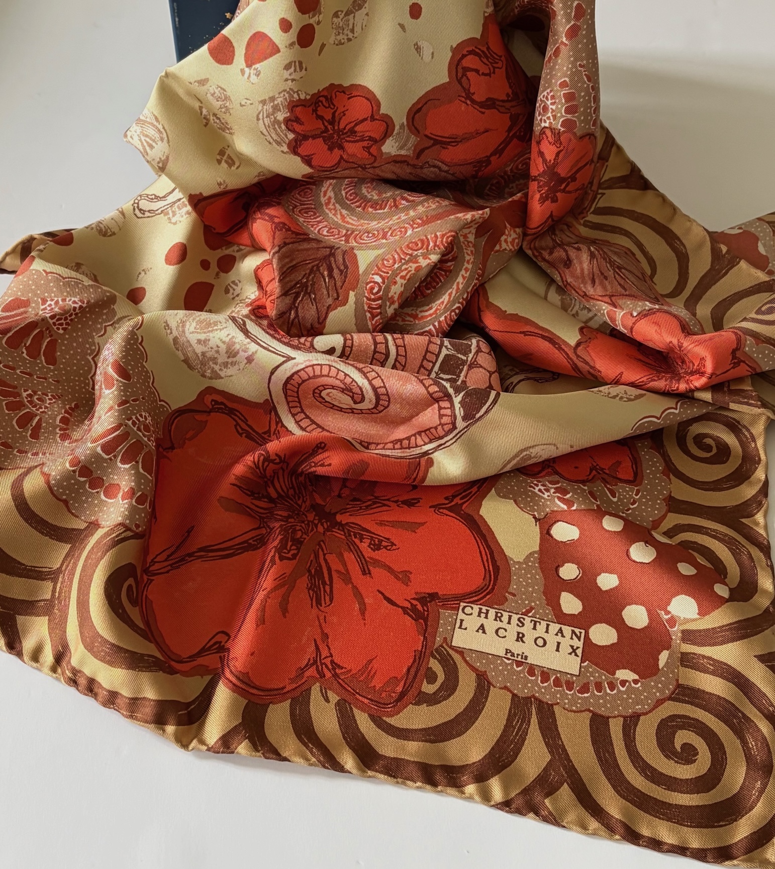 christian lacroix vintage floral heart silk scarf coral multi 1990s