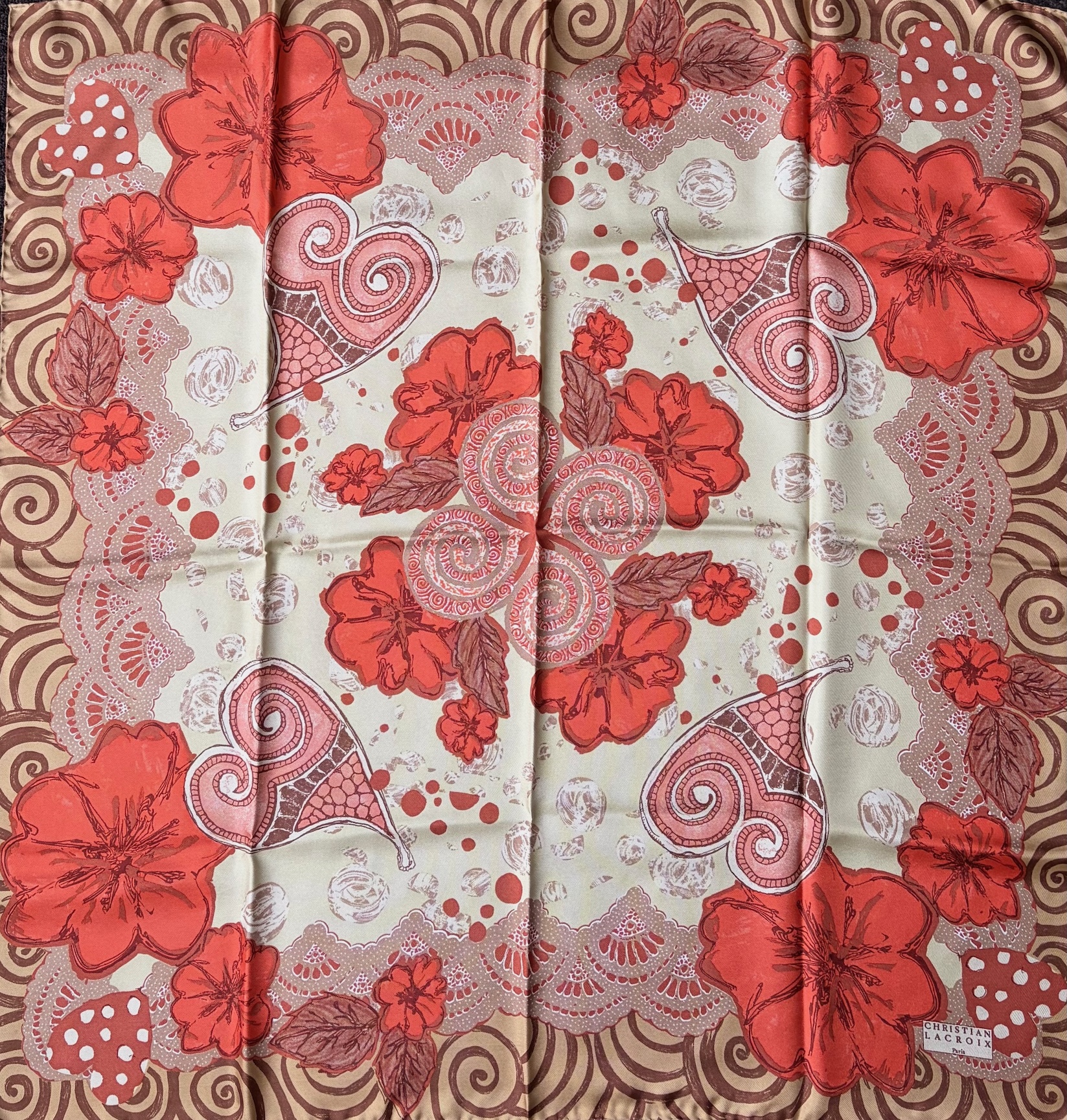 christian lacroix vintage floral heart silk scarf coral multi 1990s